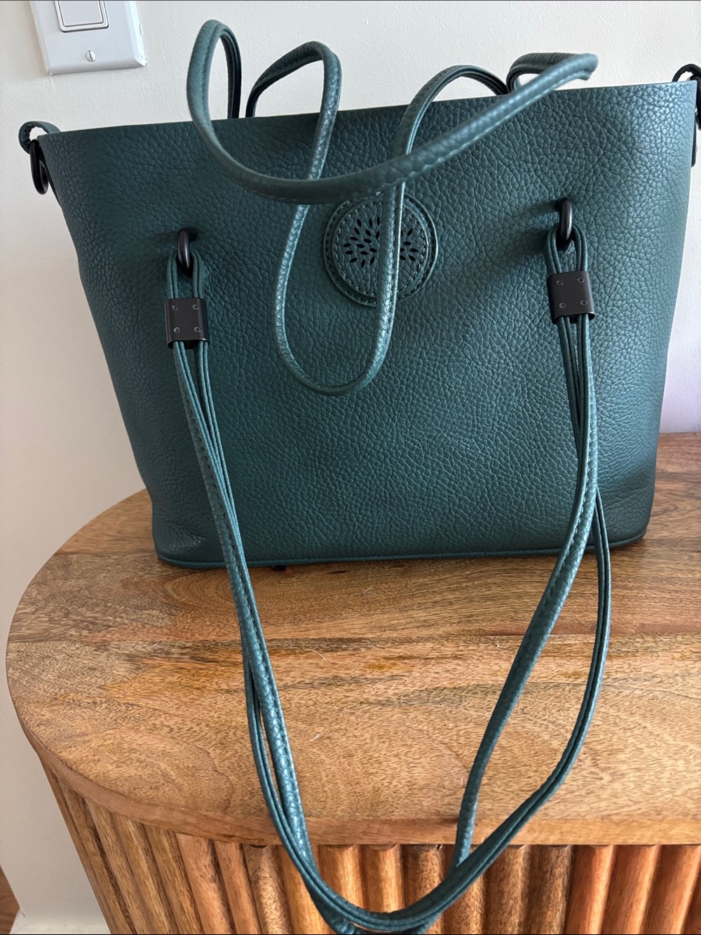 Convertible Green vegan Leather Tote Bag with Decorative Medallion